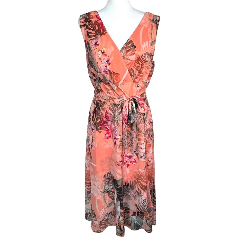 FRANK LYMAN NWT Womens 10 Tangerine Orange Tropical Floral Woven Midi Wrap Dress